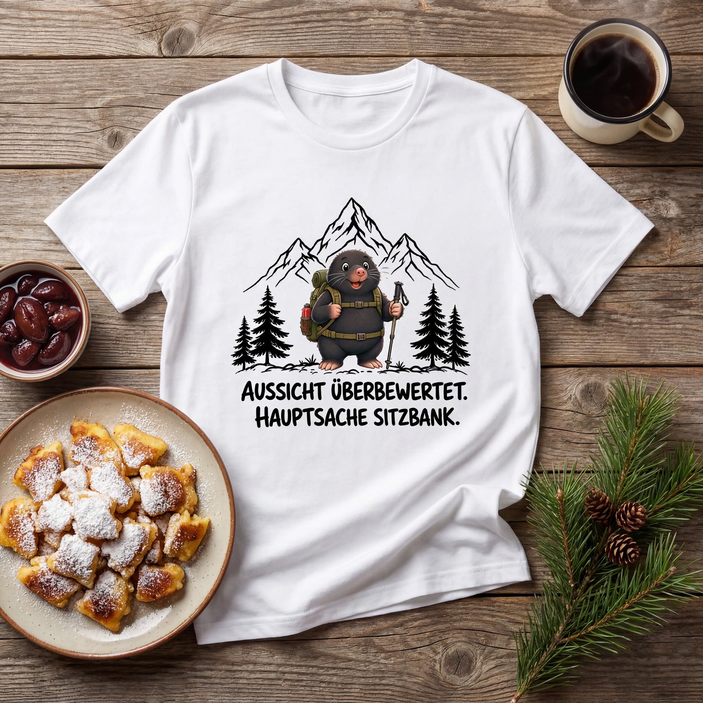 Sitzbank Maulwurf T-Shirt Unisex Flatlay Weiß gefaltet