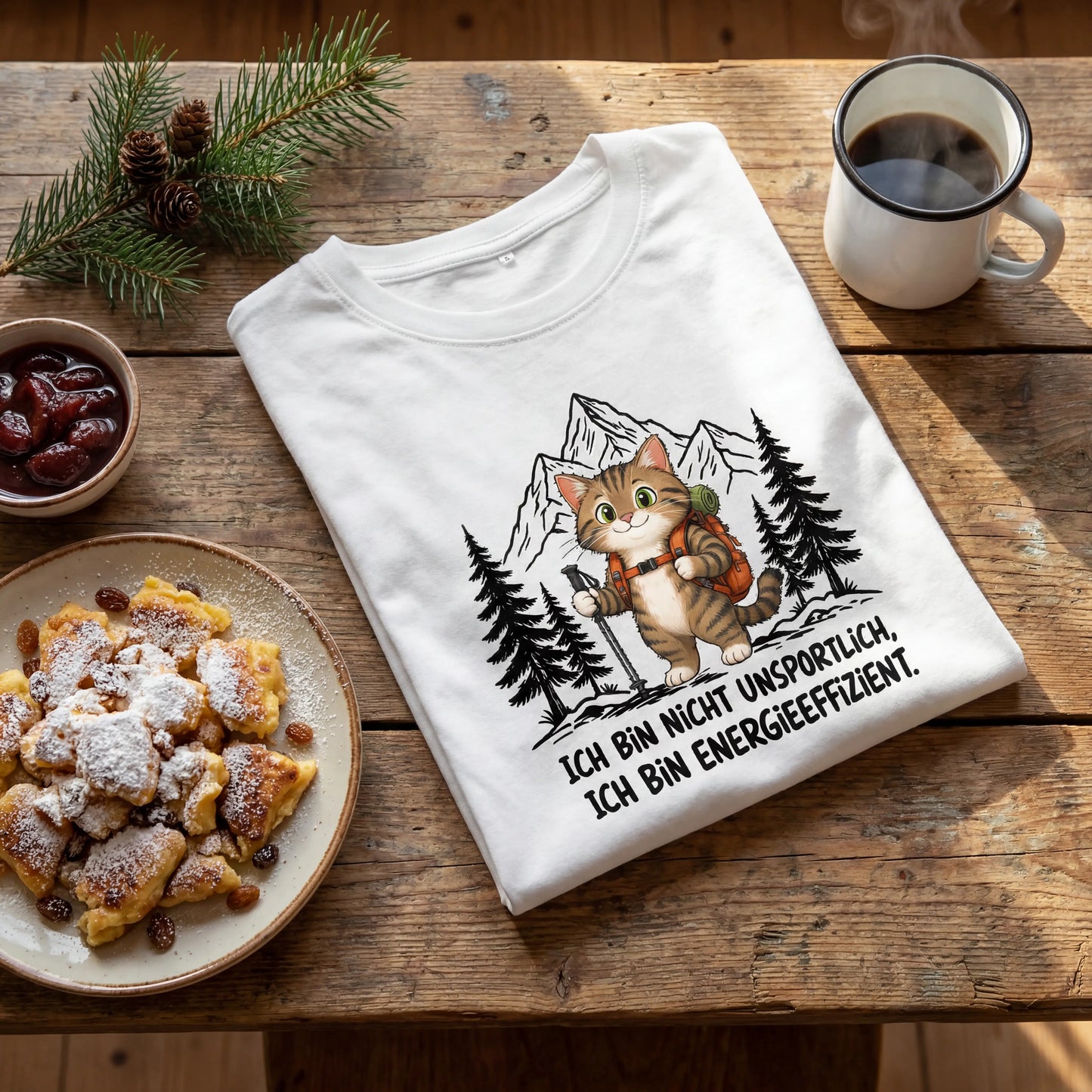Energieeffizient Katze T-Shirt Unisex Flatlay Weiß gefaltet