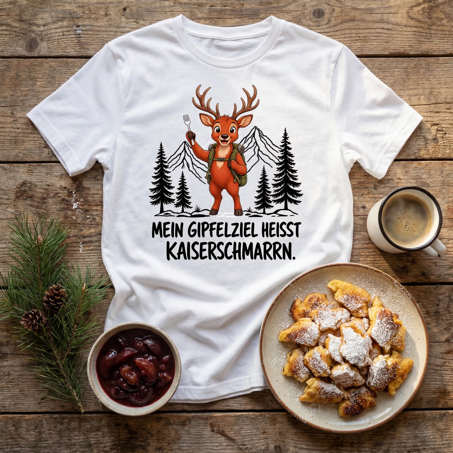 Kaiserschmarrn Hirsch T-Shirt Unisex Flatlay Weiß gefaltet