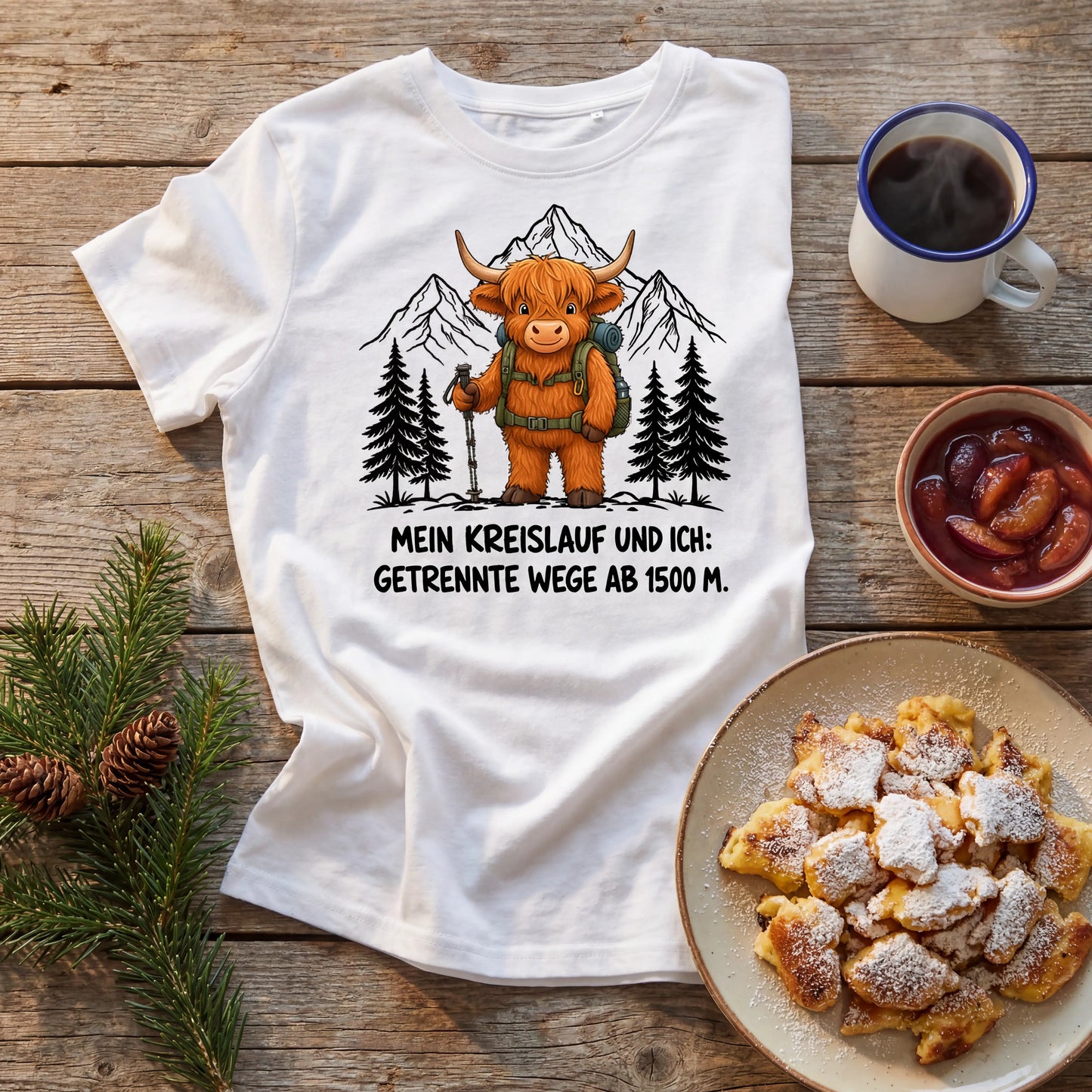 Kreislauf 1500m Highland Cow T-Shirt Unisex Flatlay Weiß gefaltet