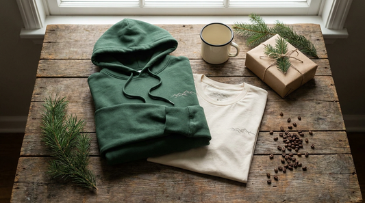 Geschenke für Bergfreunde: Hoodie, Shirt und Emaille-Tasse als Flatlay