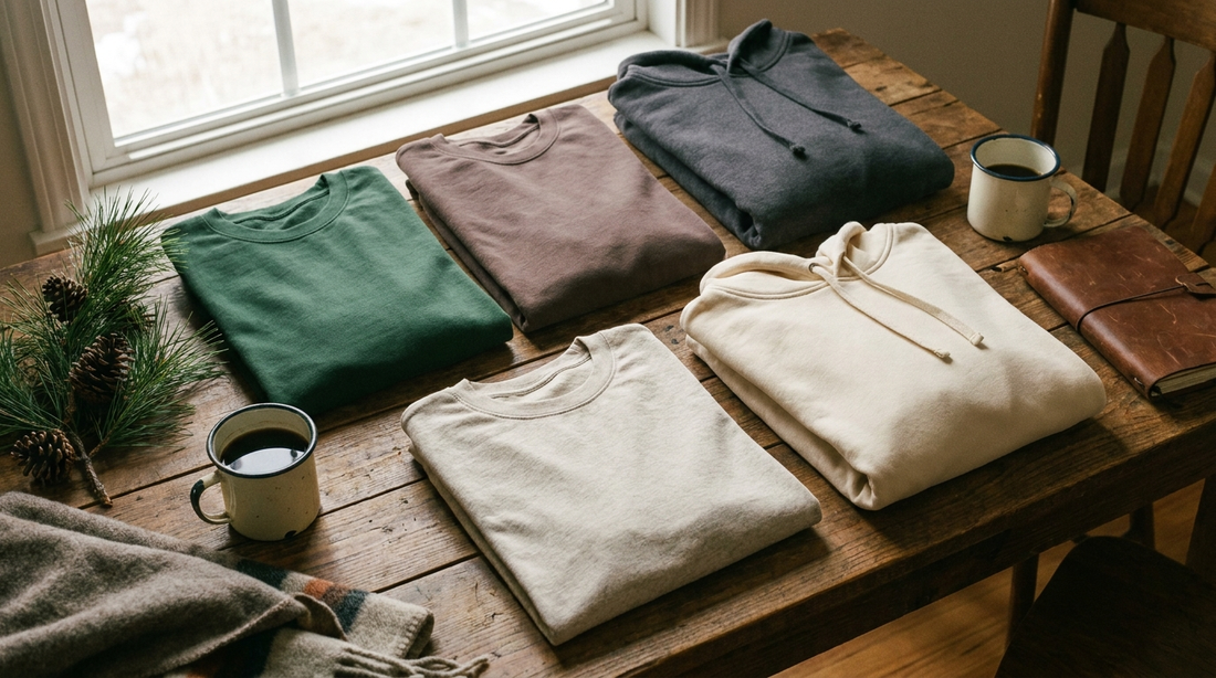 Gefaltete Spruch-Shirts und Hoodies als warmes Flatlay auf Holz