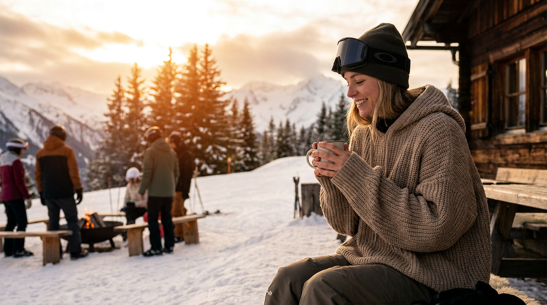 Skihaserl-Look: Frau im Hoodie auf der Skipiste bei Sonnenuntergang