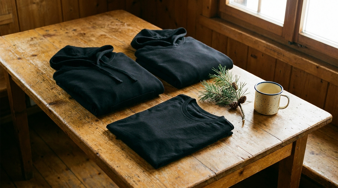 Gefaltete schwarze Hoodies und T-Shirt mit Berg-Spruch als warmes Flatlay auf Holz