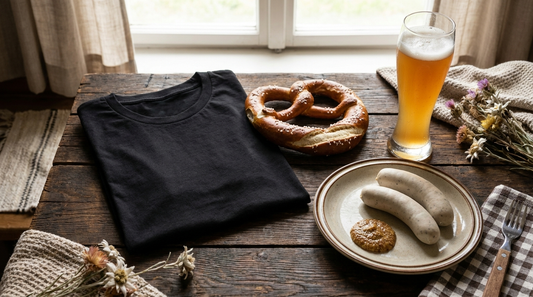 Bayerische Brotzeit mit Brezn und Weisswurst neben gefaltetem schwarzem T-Shirt