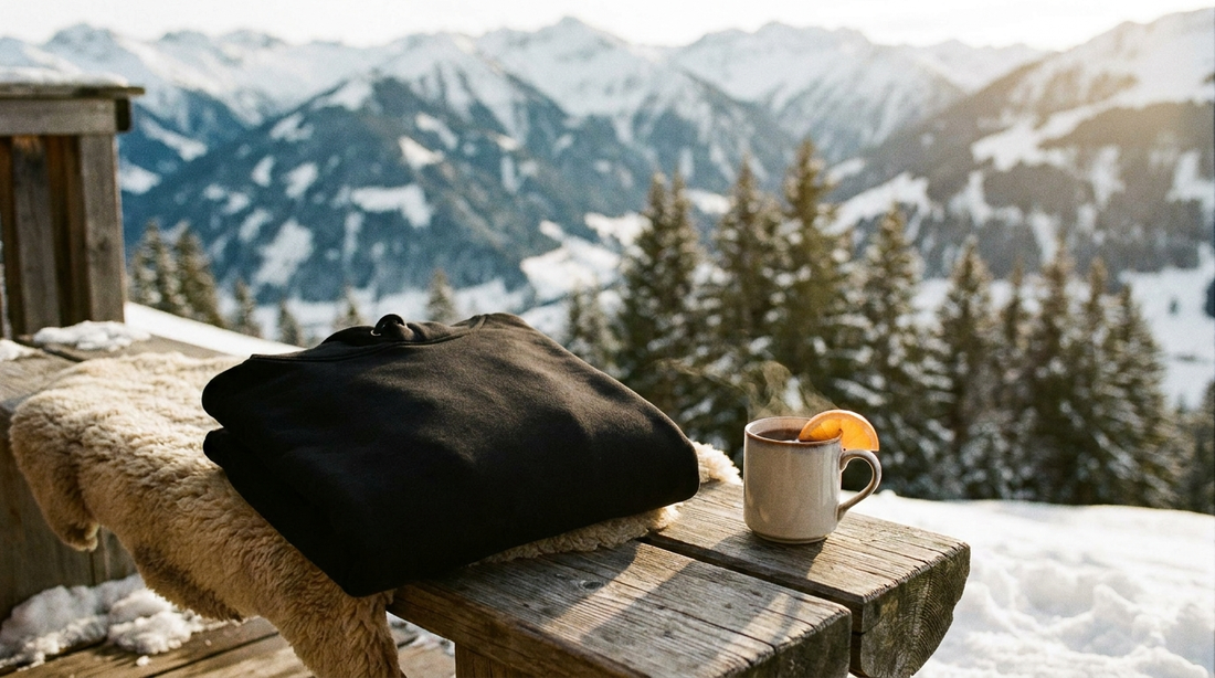 Schwarzer Apres-Ski Hoodie auf Holzbank neben Glühwein auf sonniger Schneeterrasse