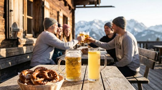Kaltes Bier auf einer sonnigen Almterrasse mit Bergblick
