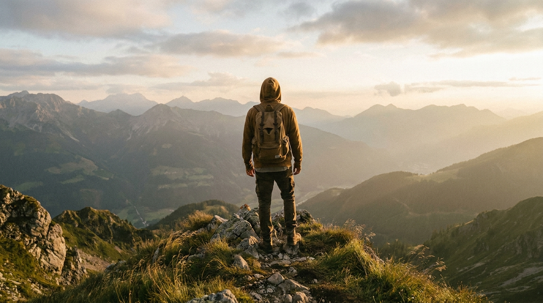 Wanderer auf einem Berggipfel im goldenen Morgenlicht