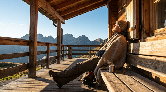 Entspannter Wanderer in der Sonne auf einer Almhütten-Terrasse