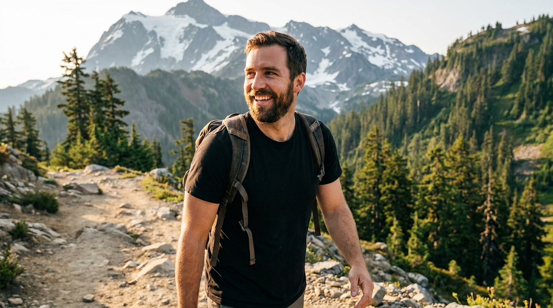 Mann wandert in einem schwarzen T-Shirt auf einem sonnigen Bergweg