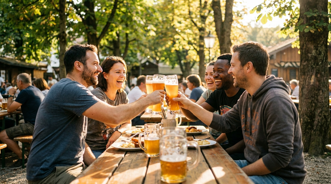 Freunde lachen an einem Holztisch im sonnigen bayerischen Biergarten und stossen mit Weissbier an