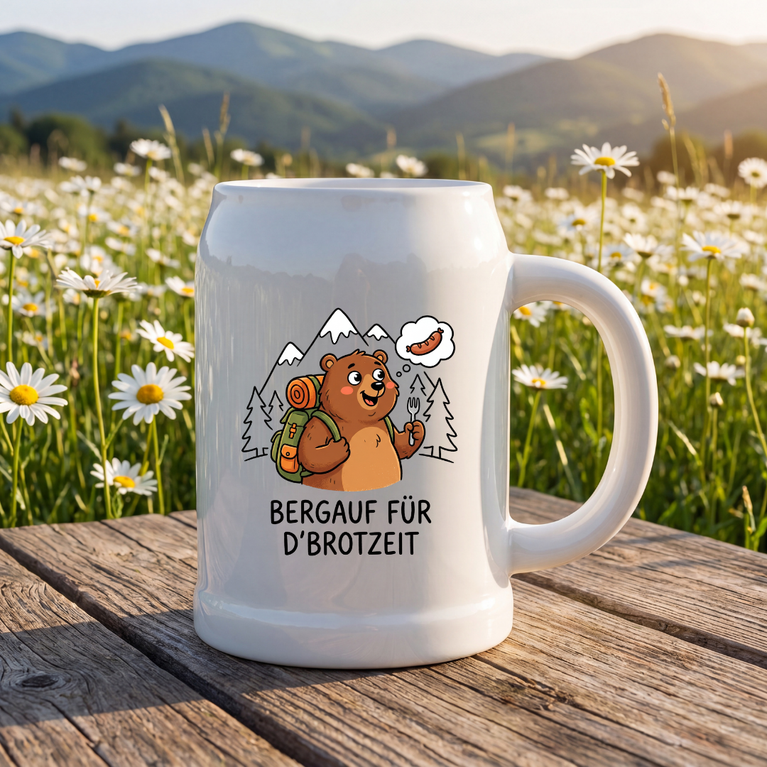 Trinkkrug – Bergauf für d'Brotzeit, auf der Bergwiese