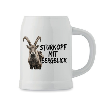 Trinkkrug – Sturkopf mit Bergblick, Produktansicht weiß