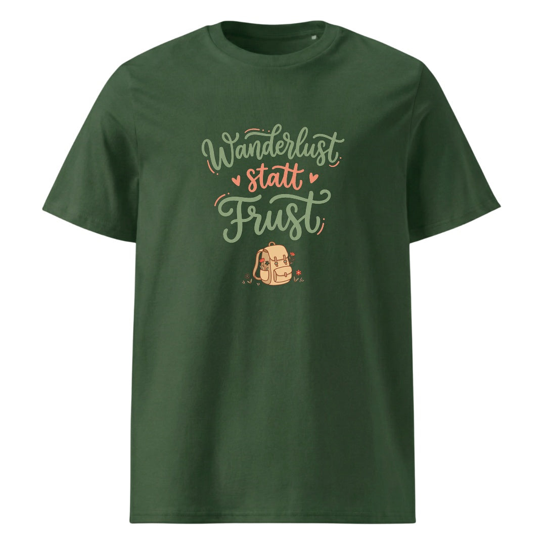 Wanderlust statt Frust Wandershirt Unisex in Grün mit Spruch-Brustdruck