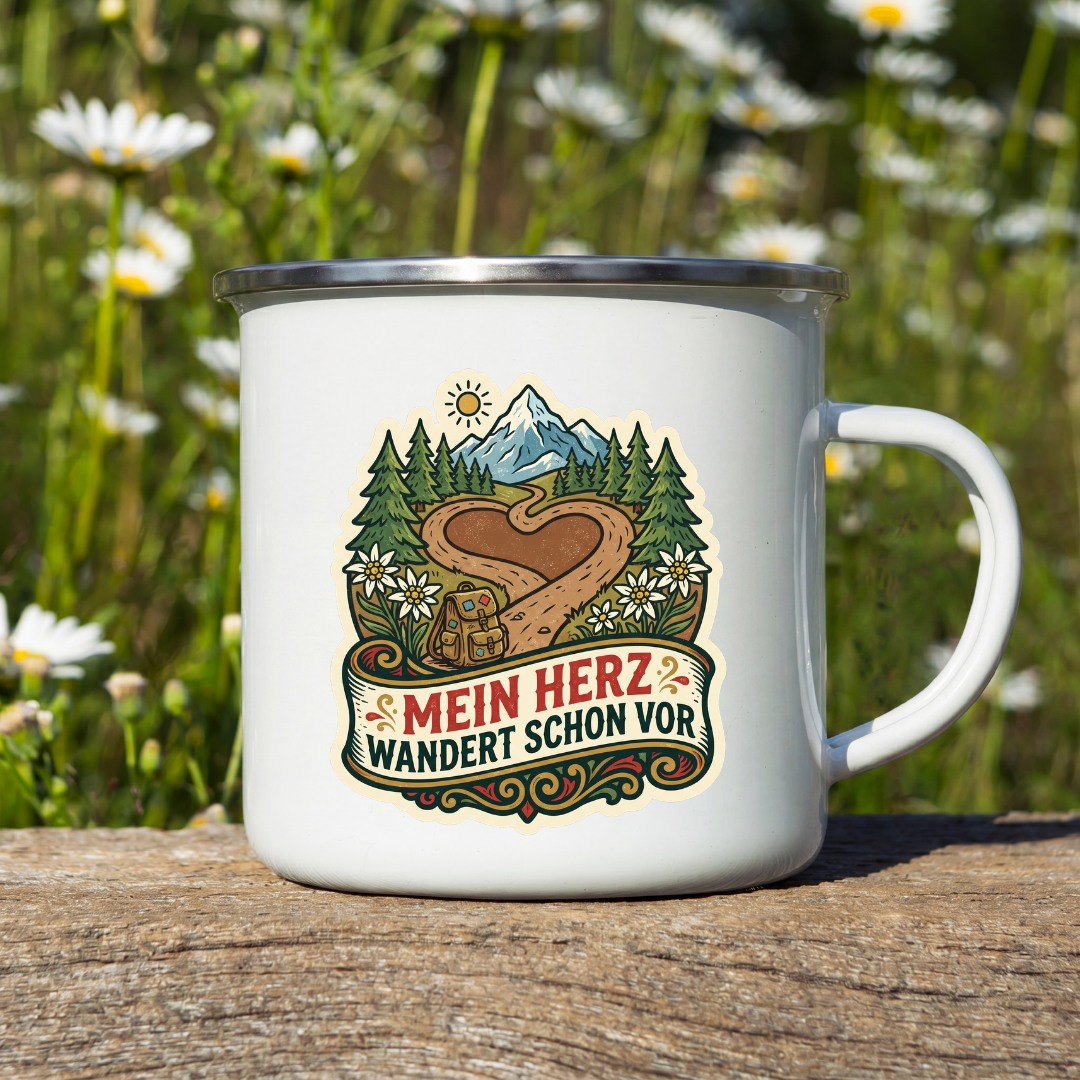 Emaille Tasse – Mein Herz wandert schon vor