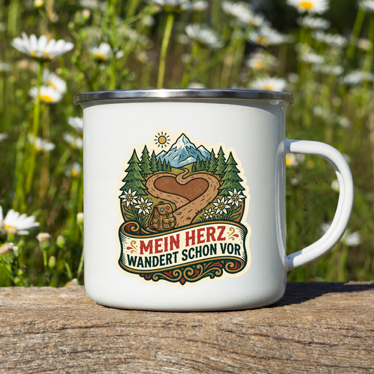 Emaille Tasse – Mein Herz wandert schon vor