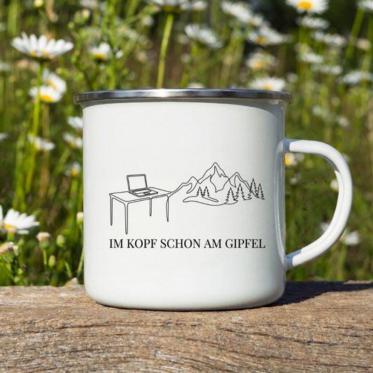 Emaille Tasse – Im Kopf schon am Gipfel