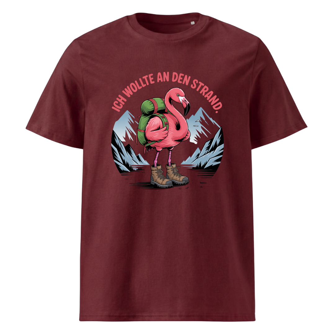 Ich wollte an den Strand T-Shirt Unisex mit Wander-Spruch, Print Nahaufnahme