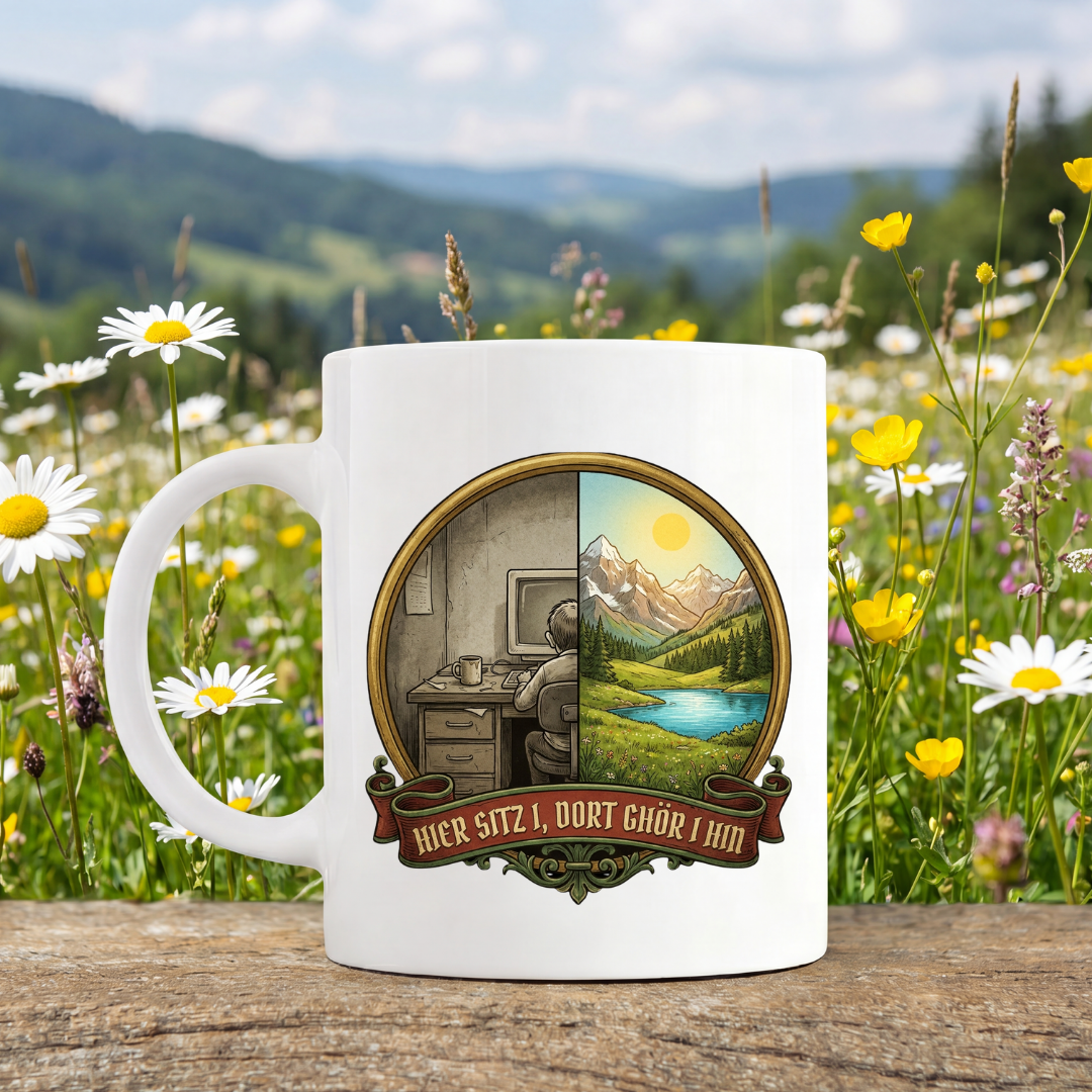 Tasse Hier sitz i, dort gehör i hin von Kraxelgaudi, weiße Keramiktasse beidseitig bedruckt