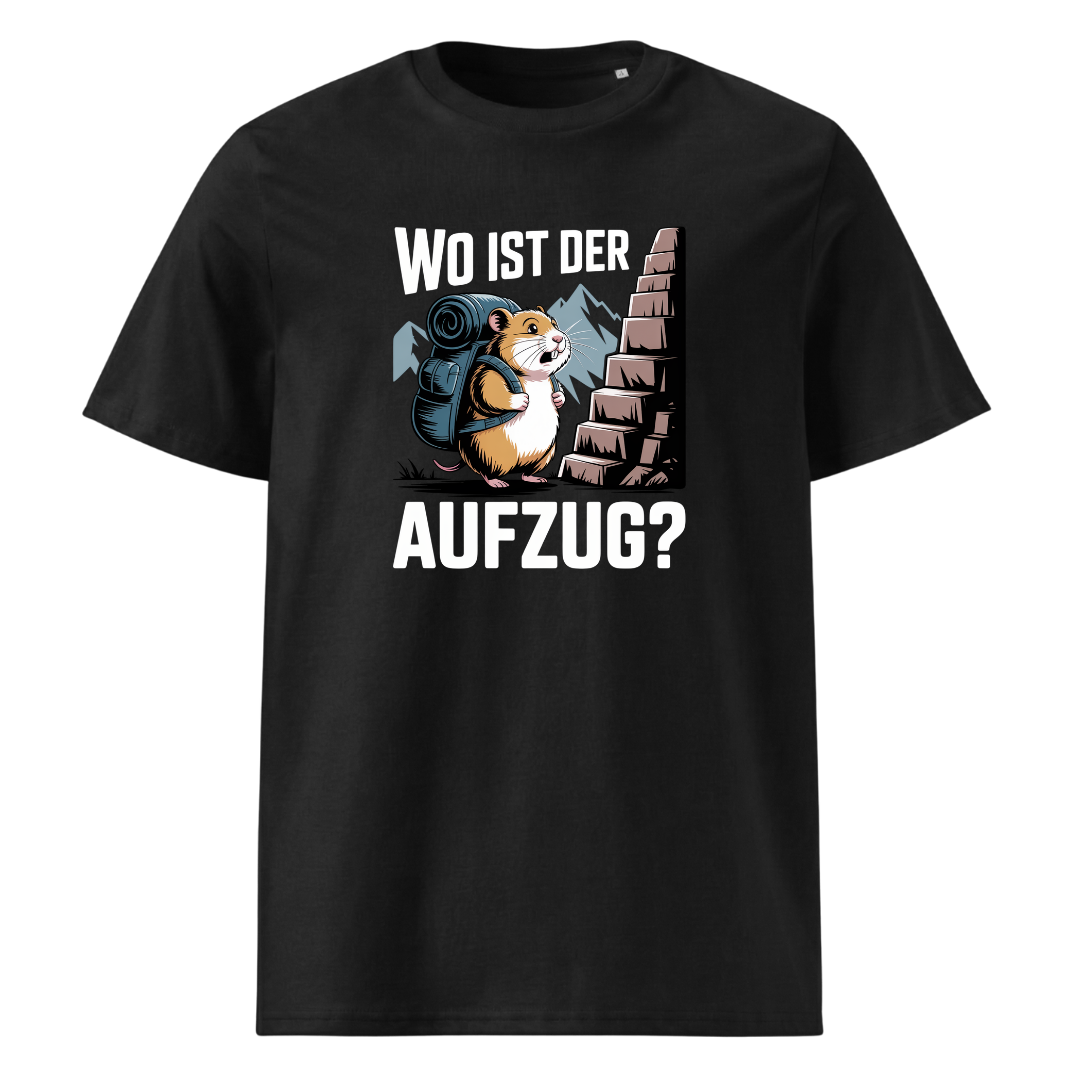 Wo ist der Aufzug T-Shirt Unisex mit Wander-Spruch, Frontansicht