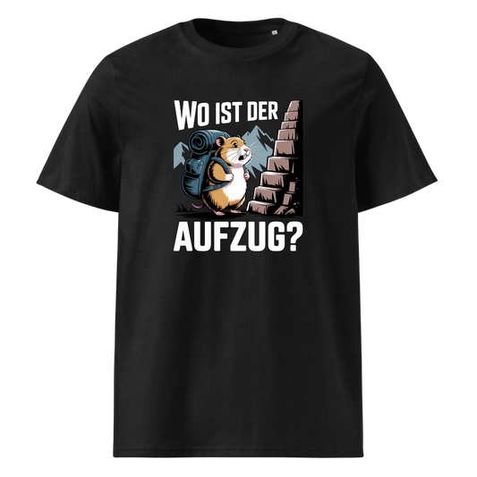 Wo ist der Aufzug T-Shirt Unisex mit Wander-Spruch, Frontansicht