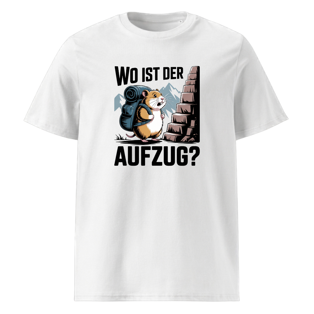 Wo ist der Aufzug T-Shirt Unisex mit Wander-Spruch, Motivdetail