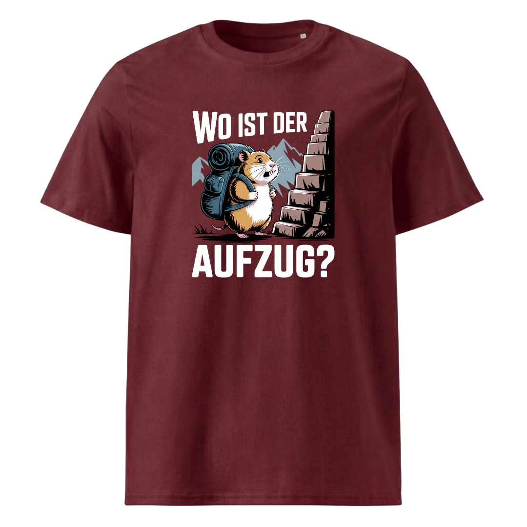 Wo ist der Aufzug T-Shirt Unisex mit Wander-Spruch, Print Nahaufnahme