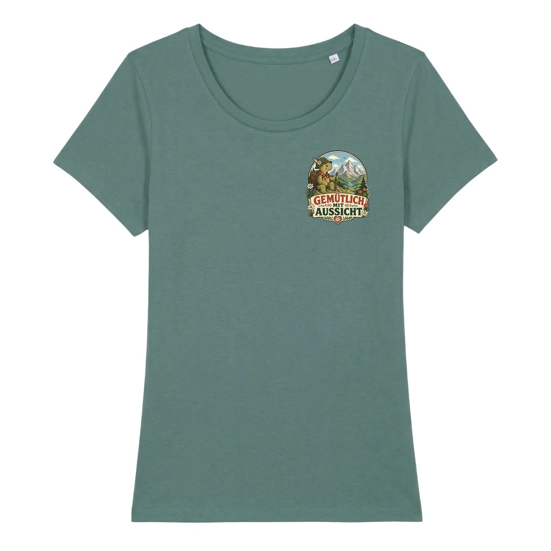 Gemütlich mit Aussicht Damenshirt mit Brustdruck, Kraxelgaudi