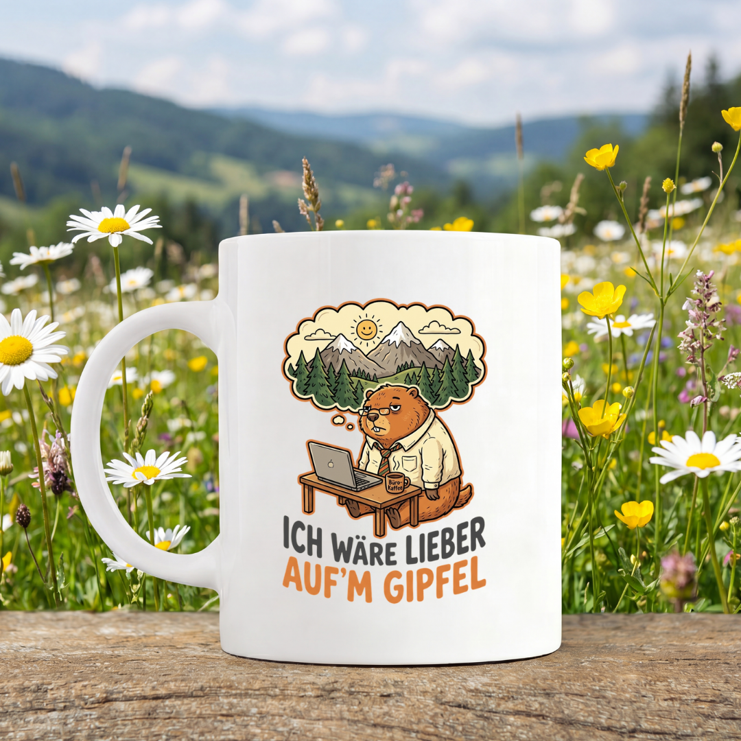 Tasse Ich wäre lieber auf'm Gipfel von Kraxelgaudi, weiße Keramiktasse beidseitig bedruckt