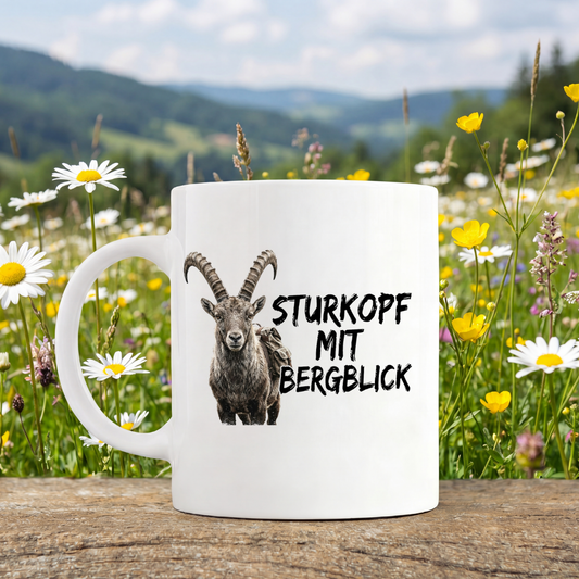 Tasse Sturkopf mit Bergblick von Kraxelgaudi, weiße Keramiktasse beidseitig bedruckt