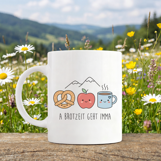 Tasse A Brotzeit geht imma von Kraxelgaudi, weiße Keramiktasse beidseitig bedruckt