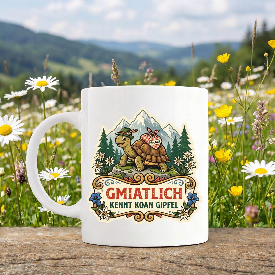 Tasse Gmiatlich kennt koan Gipfel von Kraxelgaudi, weiße Keramiktasse beidseitig bedruckt