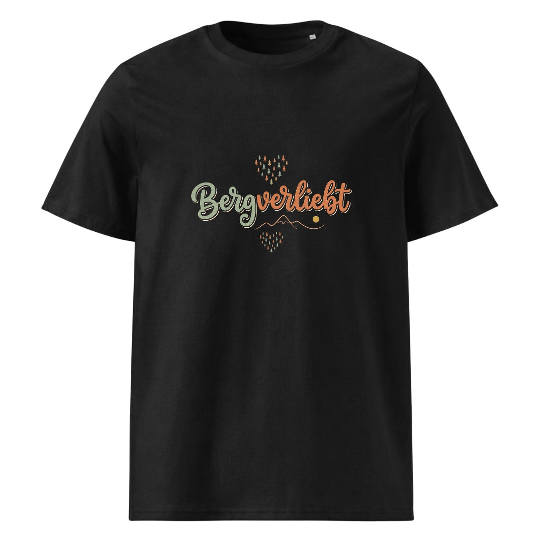 Bergverliebt Berg T-Shirt Unisex in Schwarz mit Spruch-Brustdruck