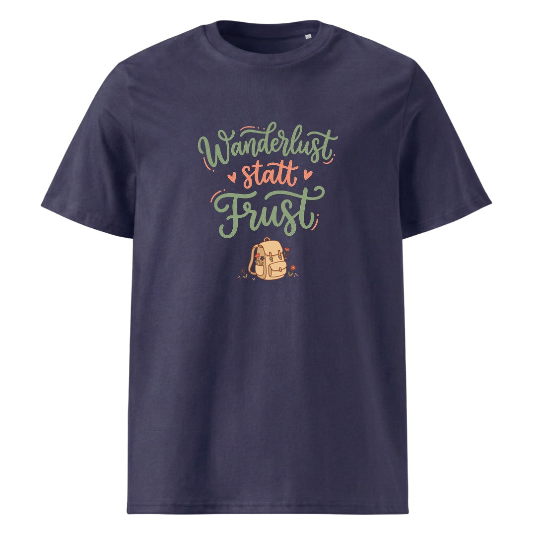 Wanderlust statt Frust Wandershirt Unisex in Navy mit Spruch-Brustdruck