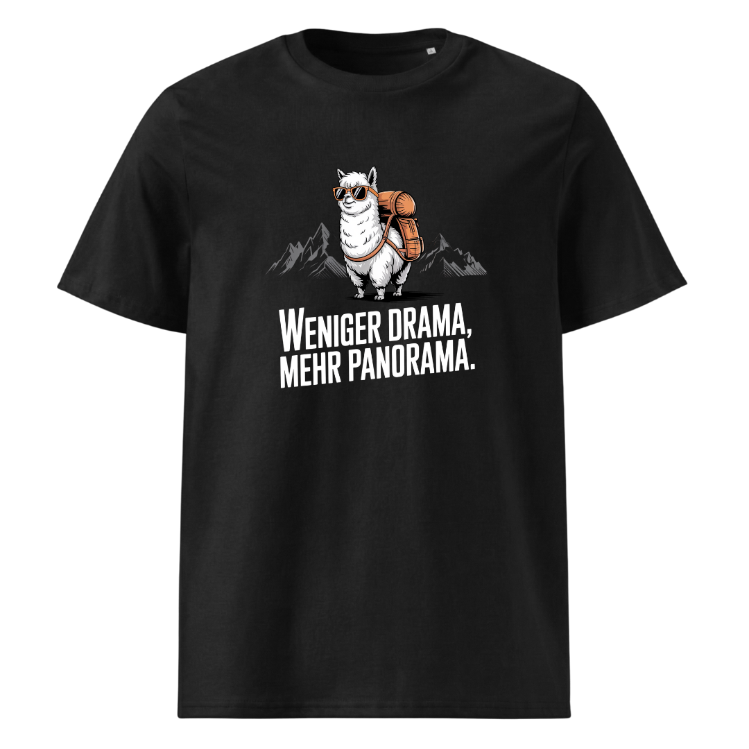Weniger Drama T-Shirt Unisex mit Berg-Spruch, Frontansicht