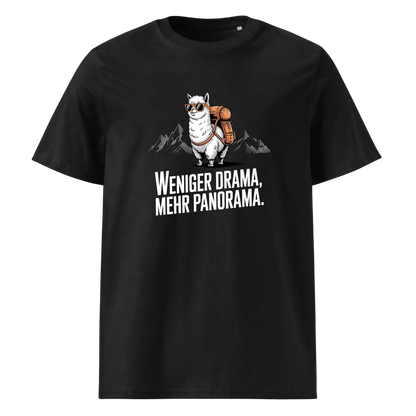 Weniger Drama T-Shirt Unisex mit Berg-Spruch, Frontansicht