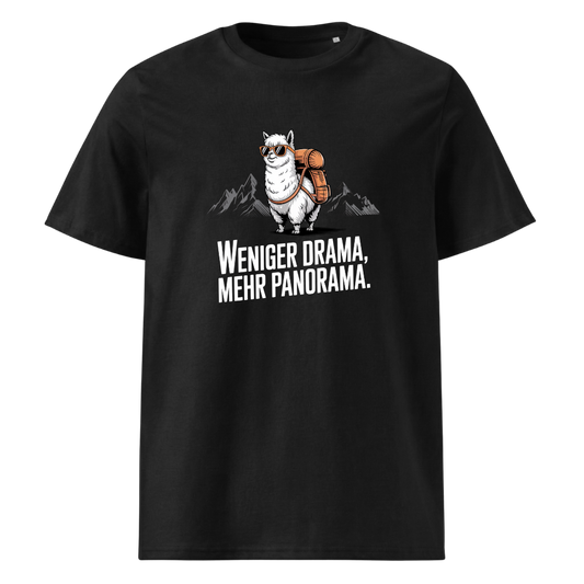Weniger Drama T-Shirt Unisex mit Berg-Spruch, Frontansicht
