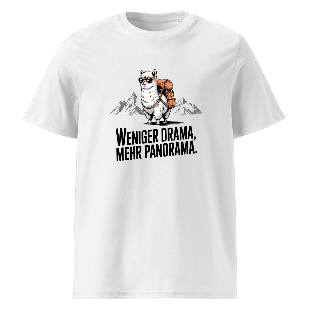 Weniger Drama T-Shirt Unisex mit Berg-Spruch, Motivdetail