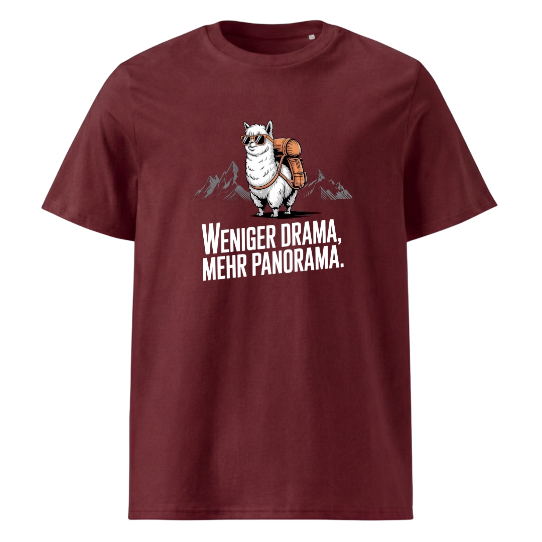 Weniger Drama T-Shirt Unisex mit Berg-Spruch, Print Nahaufnahme