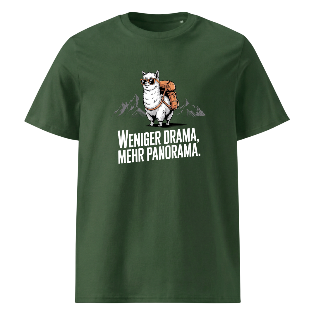 Weniger Drama T-Shirt Unisex mit Berg-Spruch, Detailansicht