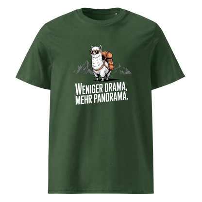 Weniger Drama T-Shirt Unisex mit Berg-Spruch, Detailansicht