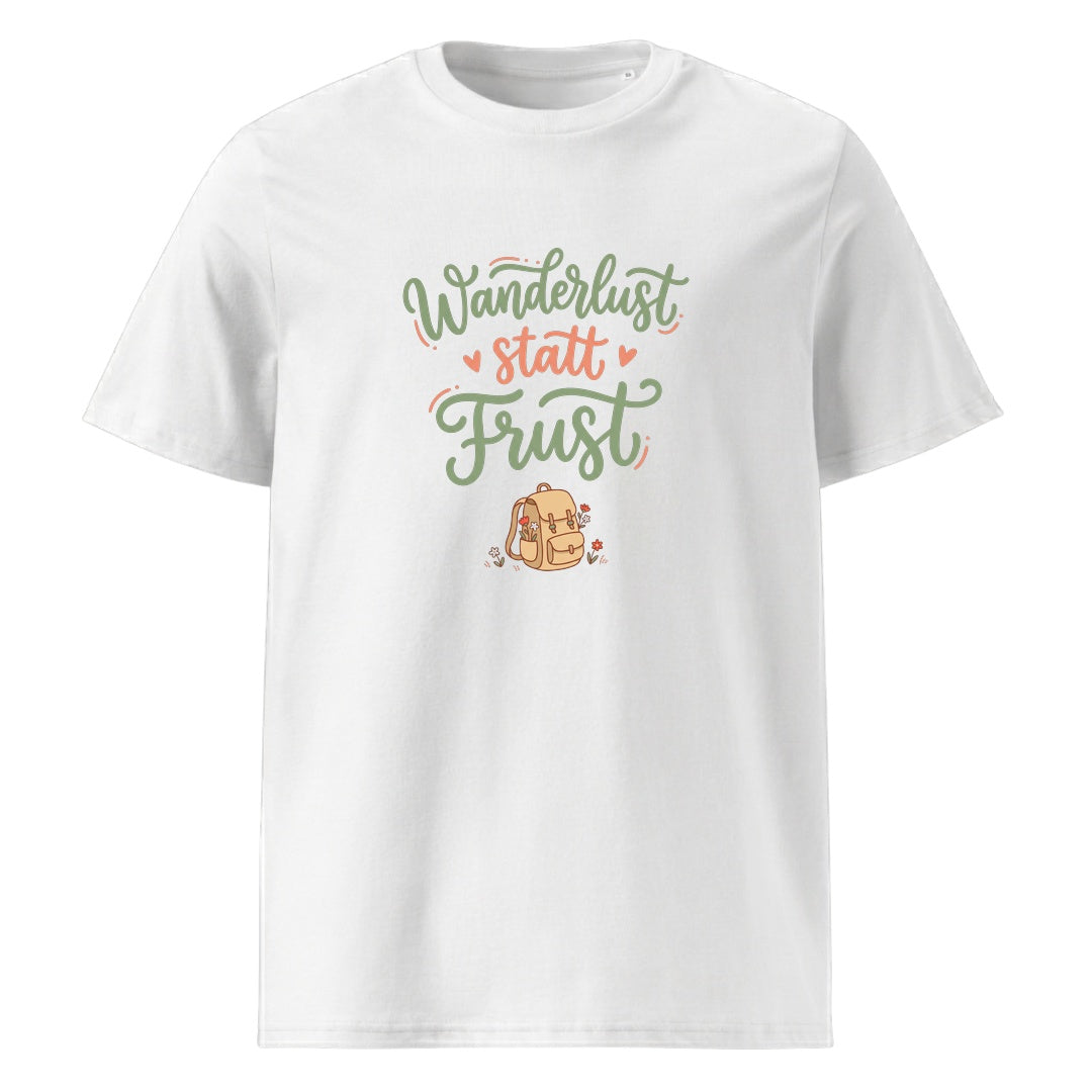 Wanderlust statt Frust Wandershirt Unisex in Weiß mit Spruch-Brustdruck