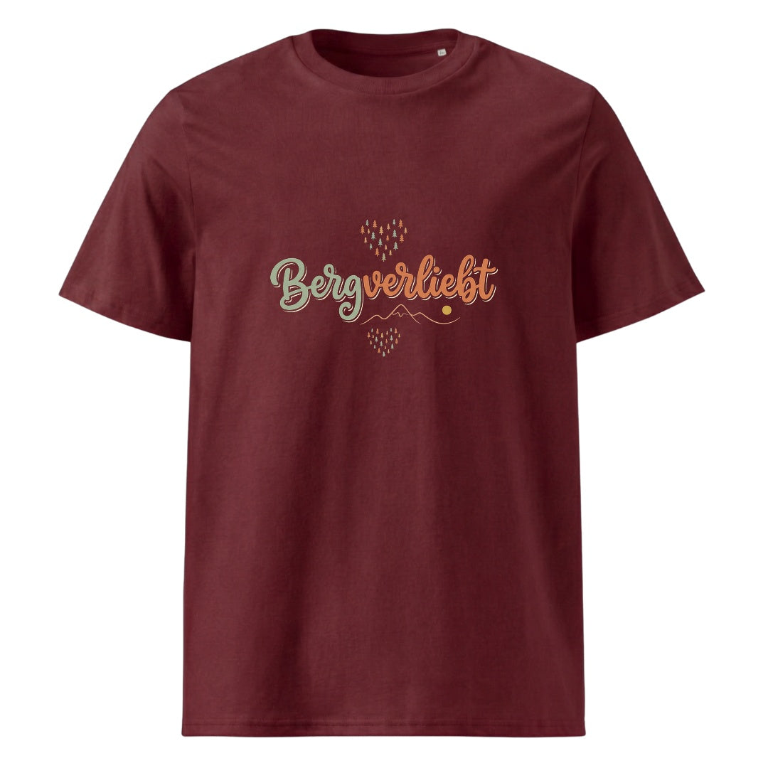 Bergverliebt Berg T-Shirt Unisex in Burgunder mit Spruch-Brustdruck