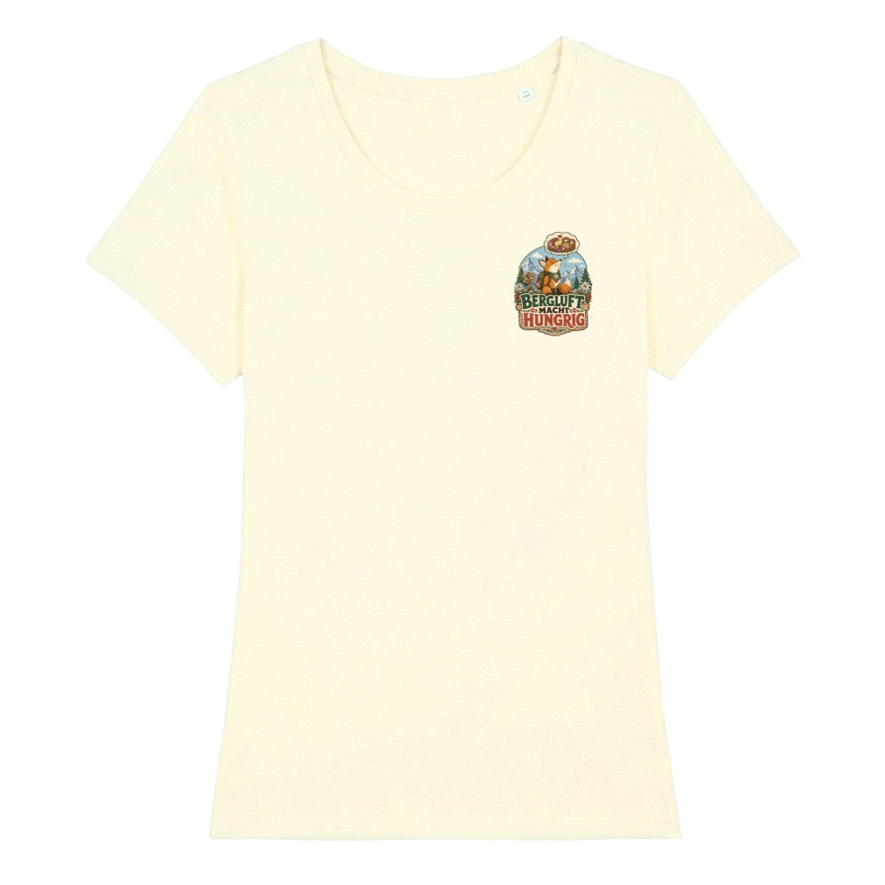 Bergluft macht hungrig Damenshirt mit Brustdruck, Kraxelgaudi