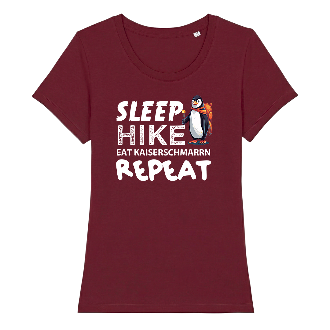 Repeat Frauen Shirt mit Wander-Spruch, Print Nahaufnahme