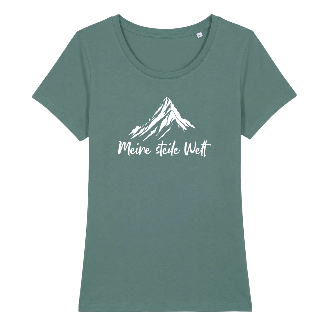 Meine Steile Welt Frauen Shirt mit Berg-Spruch, Detailansicht