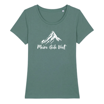 Meine Steile Welt Frauen Shirt mit Berg-Spruch, Detailansicht