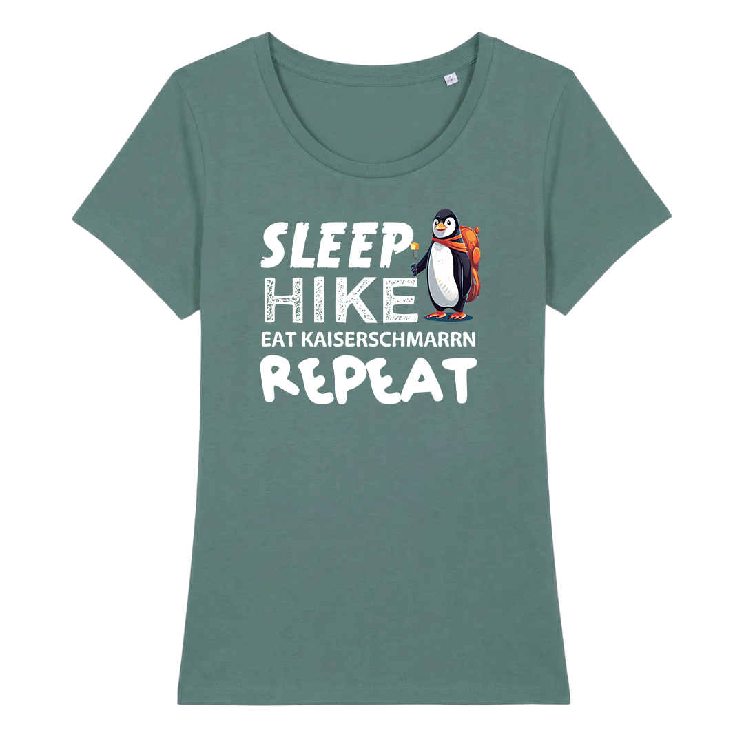 Repeat Frauen Shirt mit Wander-Spruch, Detailansicht