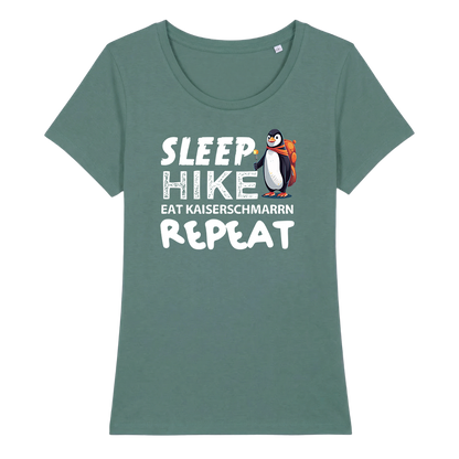 Repeat Frauen Shirt mit Wander-Spruch, Detailansicht