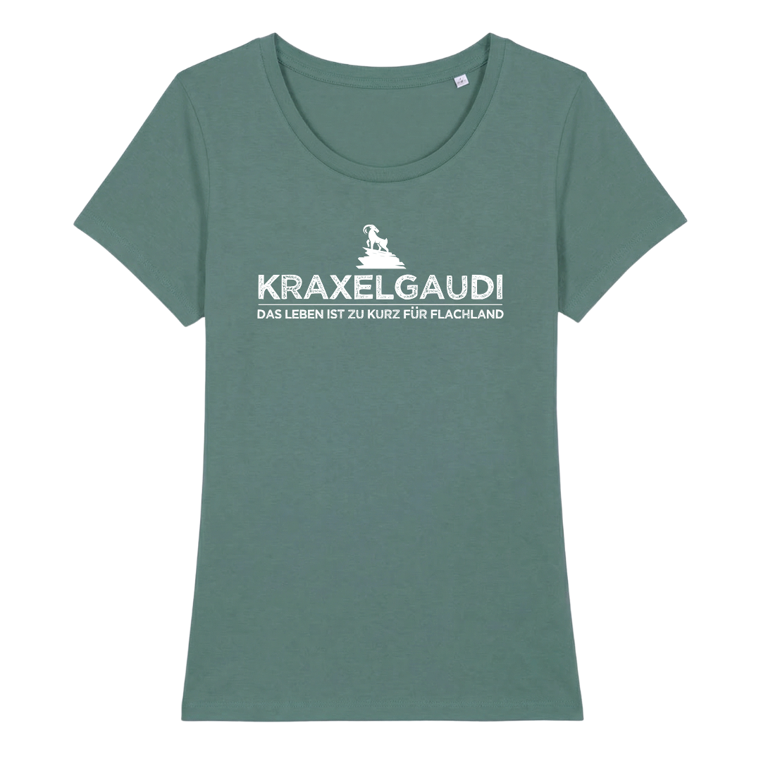 Kraxelgaudi Frauen Shirt mit Berg-Logo, Detailansicht
